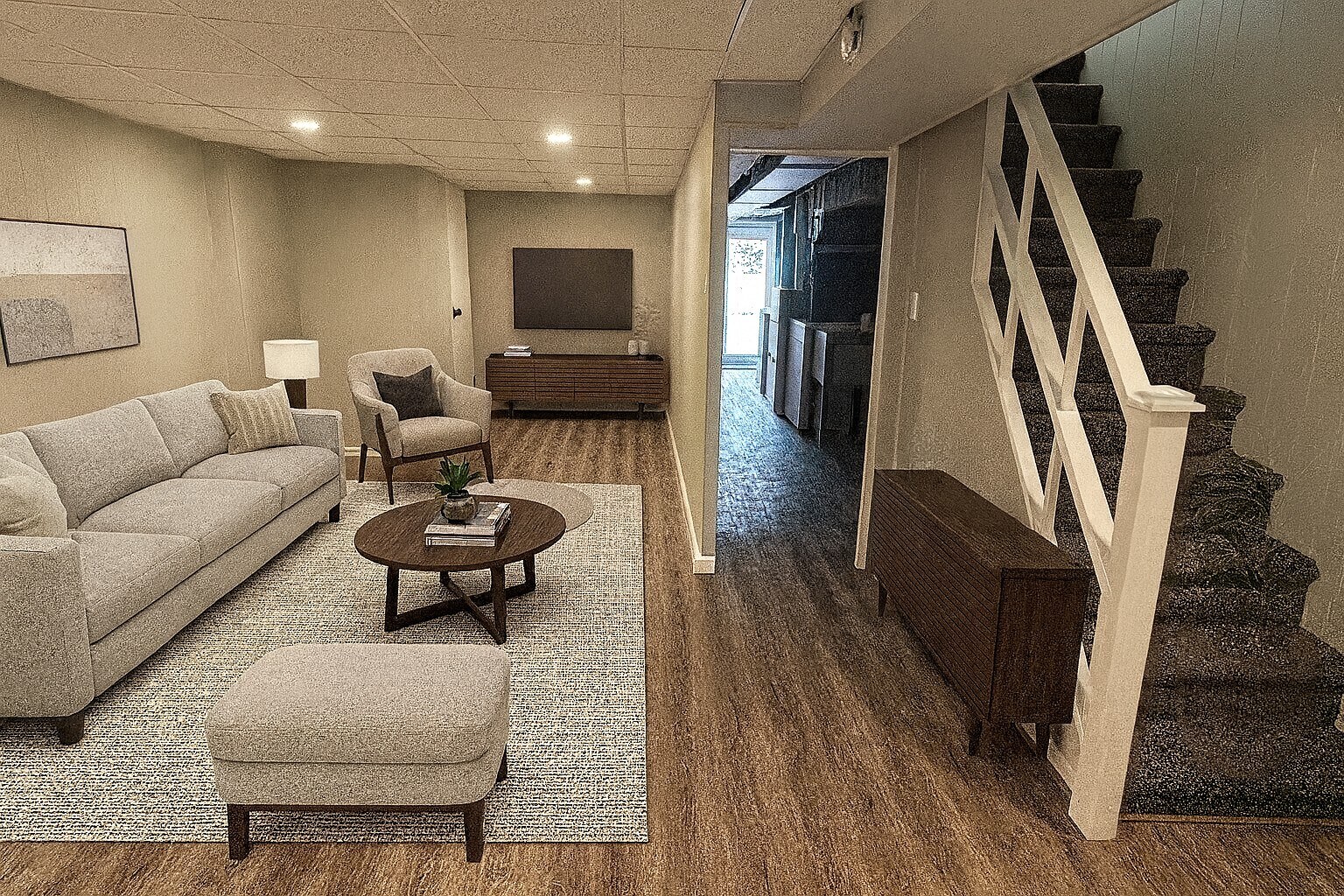 Virtually staged finished basement - 249 Park Dr