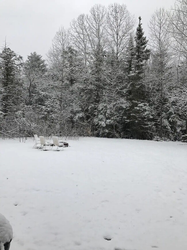 Snow-covered back yard with firepit - 94 Brookside Dr