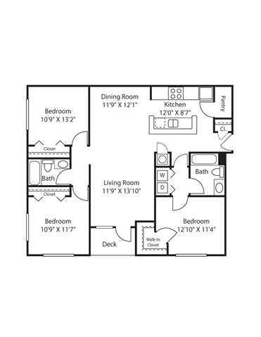 3 Bedroom | 2 Bath | 1240 SF - Rocky Creek Apartments