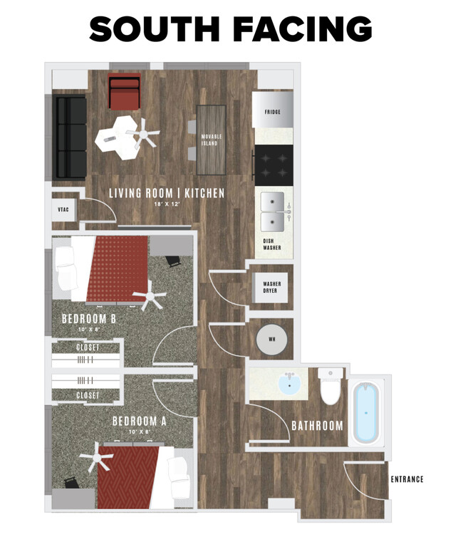 The floor plan above shows the layout of units on the south side of the building (closer to campus) Please click the arrow to see the floorplan that represents the layout on the north side of the building (Closer to A-Mountain). - Atmosphere