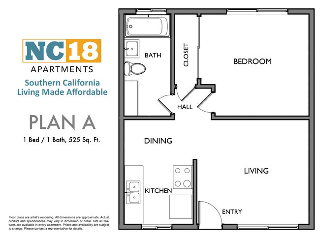 Plan A Floor Plan, 1 Bed / 1 Bath, Available 5/15 - NC18 Apartments