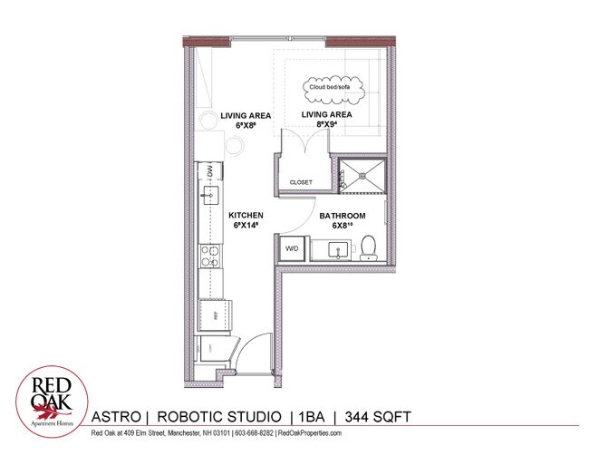 Studio floor plan with Ori Cloud Bed Sofa - Red Oak at 409 Elm Street