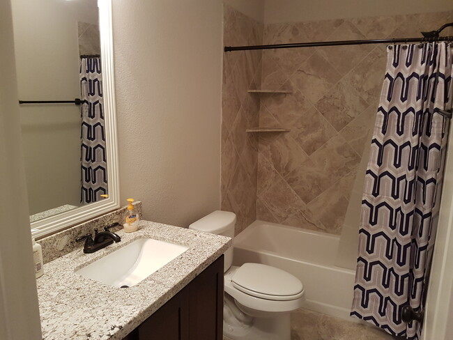 Bathrooms include granite counter-tops and tile showers with built-in corner shower shelves and modern fixtures. - 113 Ehlinger Dr