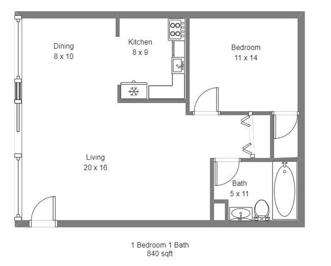 1 Bedroom 1 Bath Layout - Blue Ridge Place