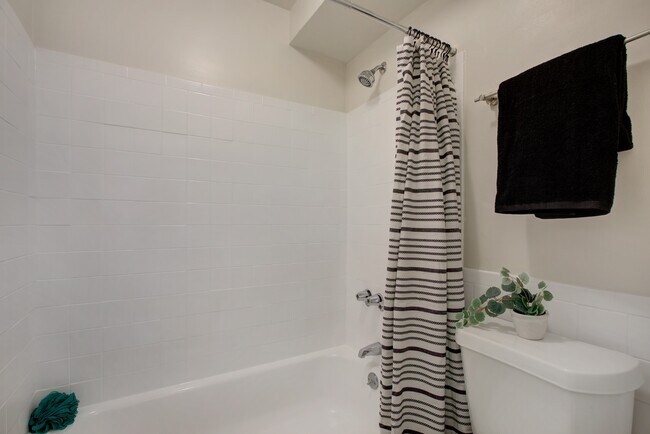 Step into this stylish bathroom featuring modern decor and vibrant accents. - Harmony Apartments