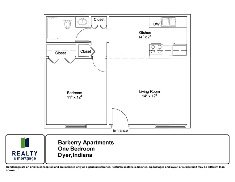 One Bedroom Floorplan - Barberry Apartments