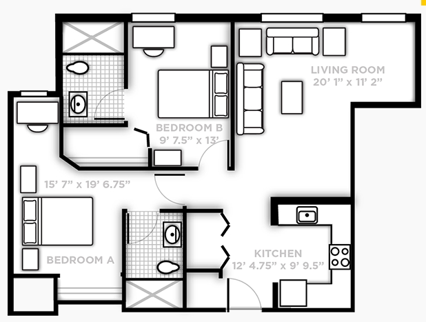 2BR/2BA L-Shaped - NorthView Student Apartments