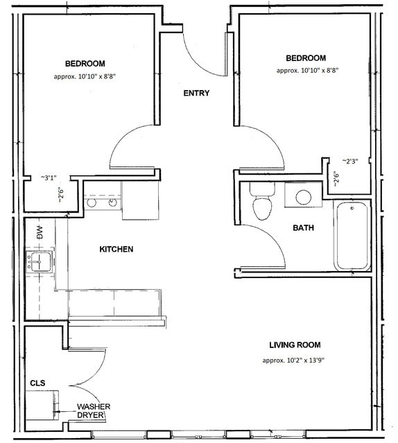 E2 Classic Layout 1 - 2bd/2person (floor plan) - The Elements