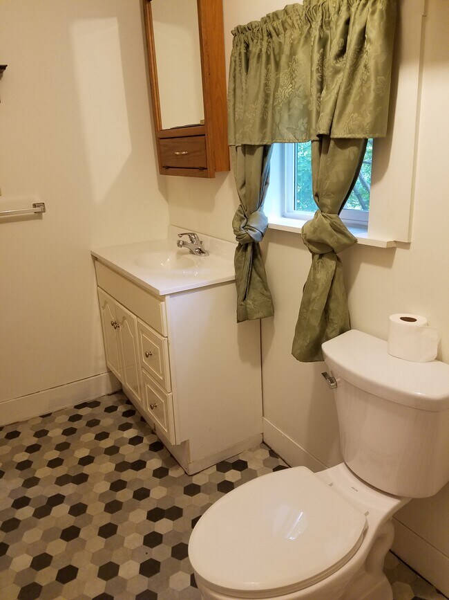 Bathroom, east wall. Vinyl flooring, one window. - 15 Goodrich St
