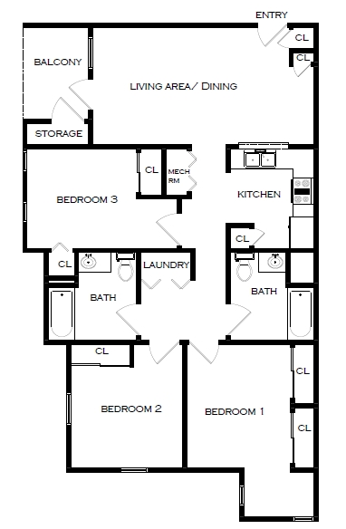 3 Bedroom 2 Bath - Town Center Apartments