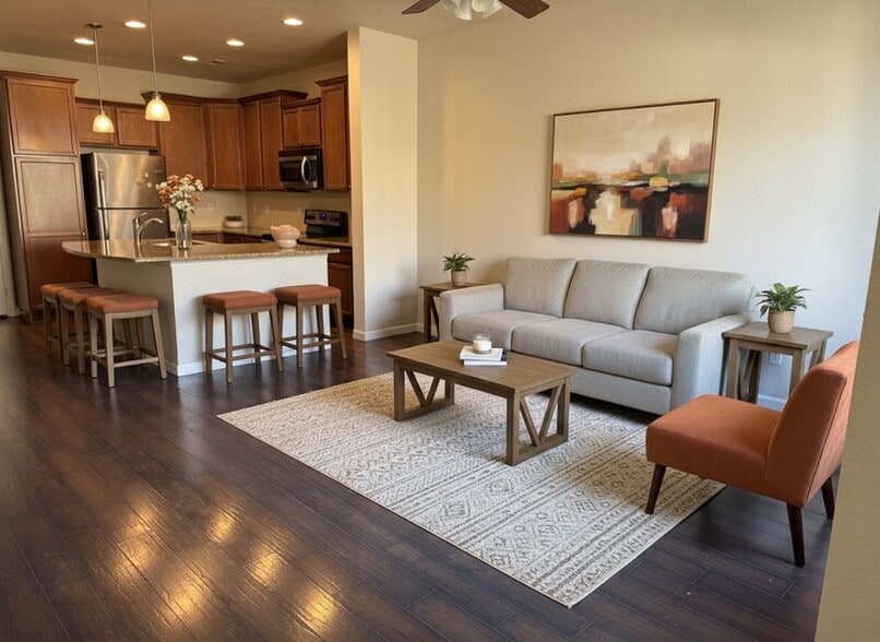 Virtual Staging - Main floor living room with open concept kitchen - 5580 W 72nd Ave