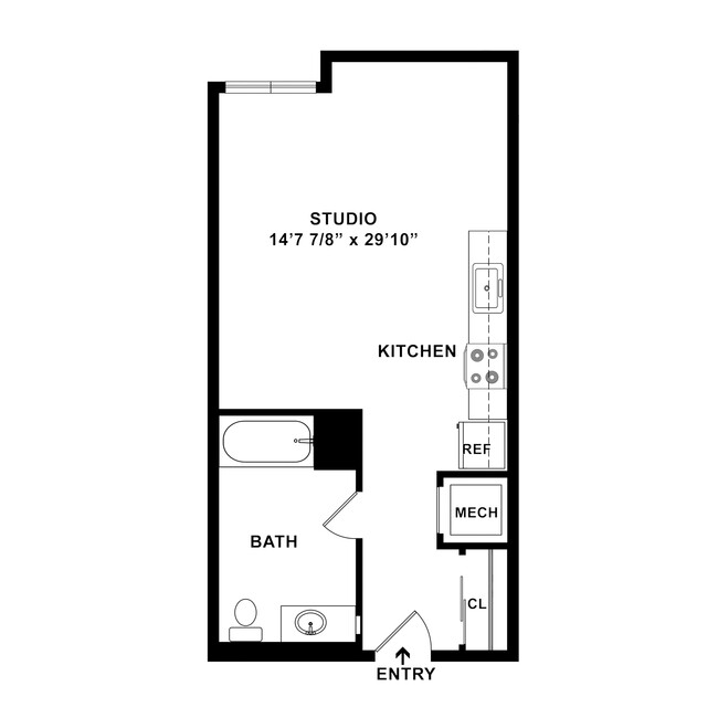 S2 - Studio Floor Plan Dimensions - 424 SF - Catalina West Adams