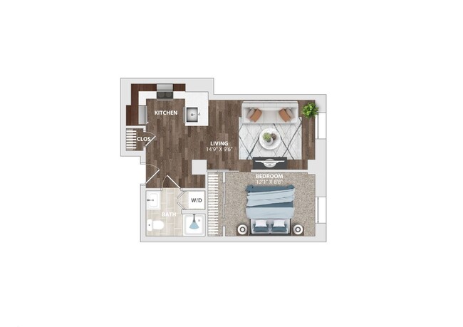 Explore this beautifully designed one-bedroom layout featuring a spacious living area and modern kitchen. - The Harriet Apartments