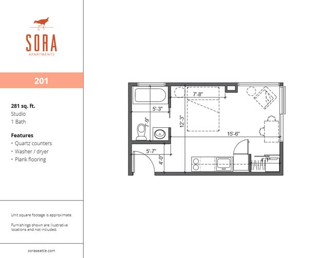 Unit 201 - 281 SQFT - Sora Apartments
