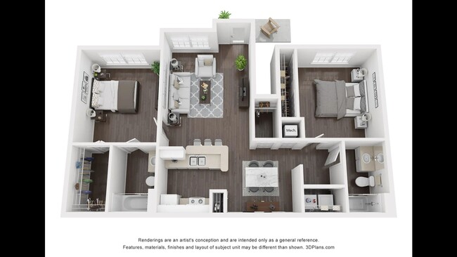 A 3D rendering of the floor plan for the Palm apartment home - Charleston Cay