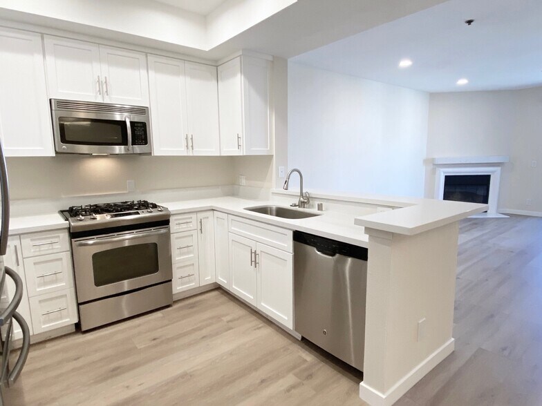 Kitchen and living area of apartment #201 - Palm Court Apartments