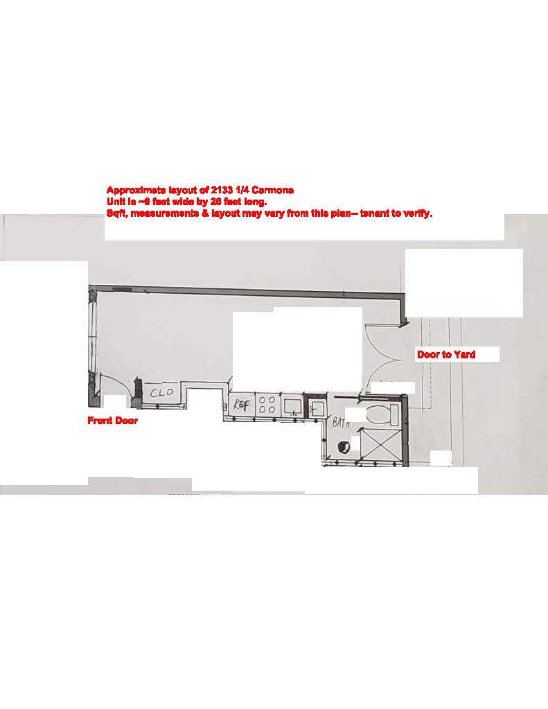 Floorplan unit ~8' wide * 26' long - 2131 Carmona Ave