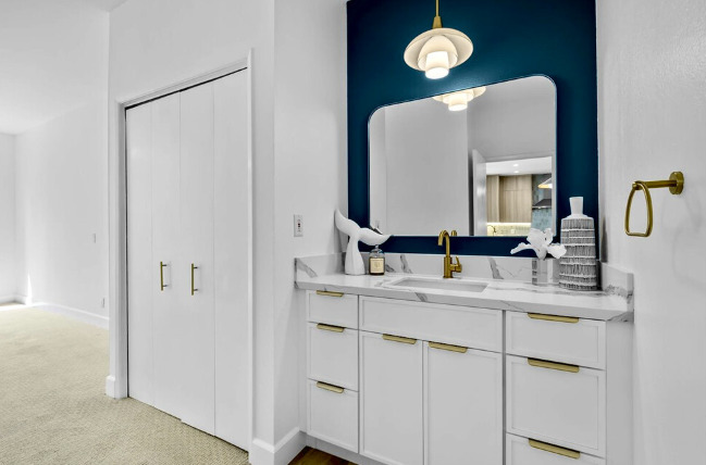 New vanity with quartz counters and Farrow & Ball accent wall. - 2221 Ocean Ave