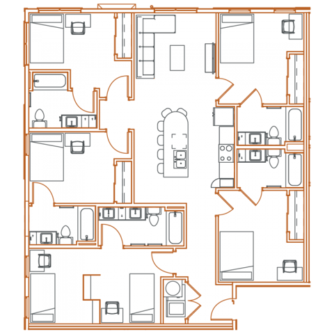 E1 Floor Plan - 5 Bedroom, 5 Bath | 6 Residents - Point North