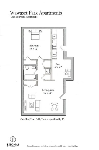 One bedroom with Den Floorplan - Wawaset Park Associates LLC