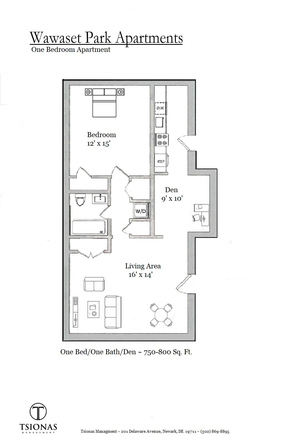 One bedroom with Den Floorplan - Wawaset Park Associates LLC