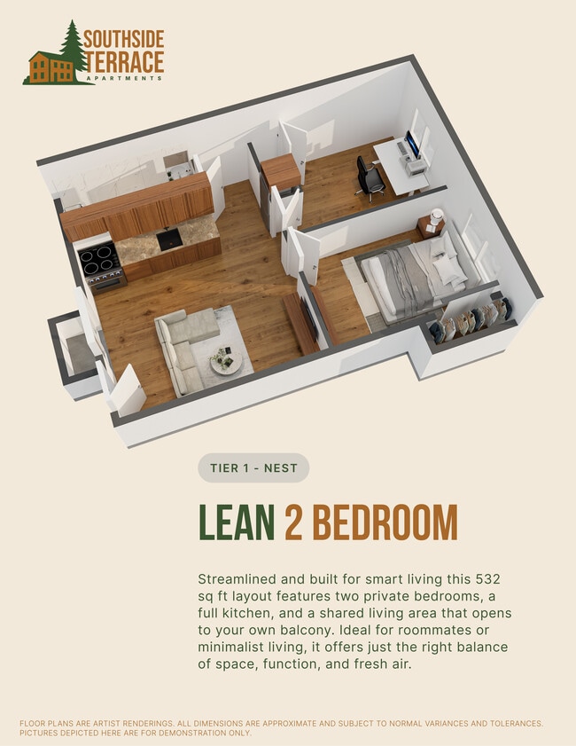 Lean 2 Bedroom Floor Plan - Southside Terrace Apartments