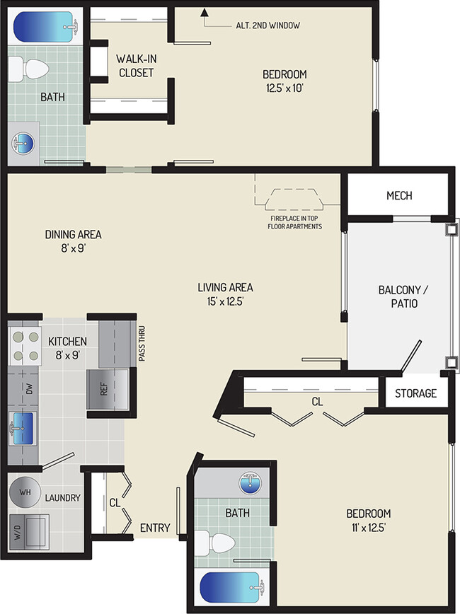 2 BR/ 2 BA (Style D2) | 910 sq. ft. - Seneca Club Apartments