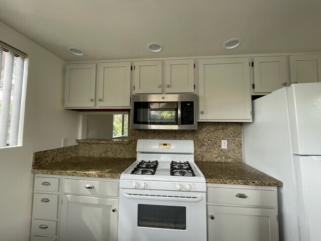 Kitchen with granite counter tops, stove, microwave & refrigerator - 10330 Riverside Dr