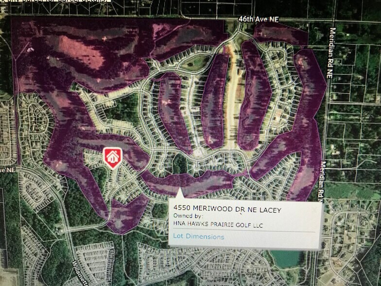 Red indicates home location, Purple two 18 hole golf courses, green residential - 8828 Jayden Ln NE