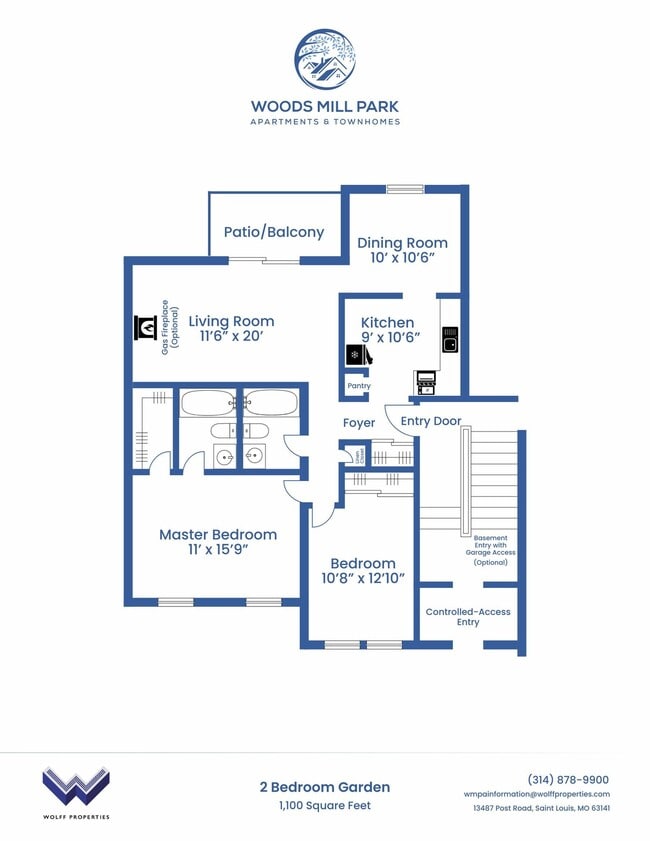 Two Bedroom Garden with Fireplace Partial Remodel Floor Plan - Woods Mill Park Apartments & Townhomes