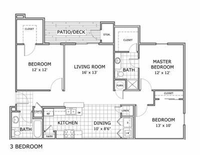 Three Bedroom Floor Plan - Cedar Place Apartments - C