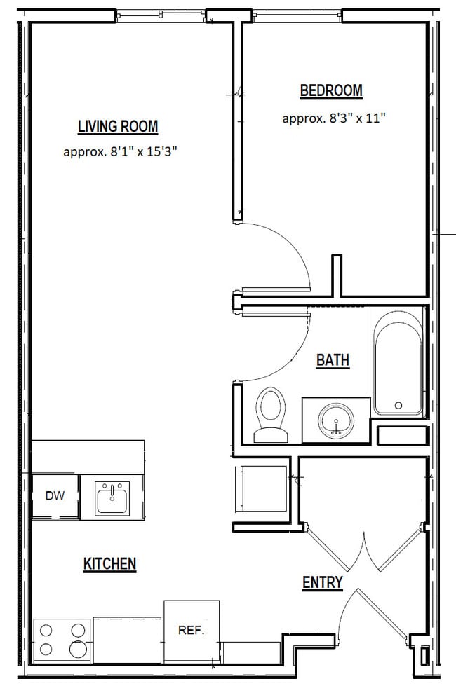 E3 Style A - 1bd/1person (floor plan) - The Elements