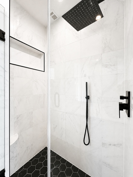 Handheld shower sprayer or rainfall shower head with corner footrest - 5605 Bryan Pky