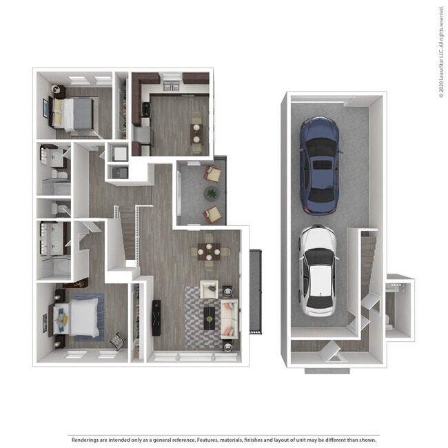Multi-level two bedroom, two-and-a-half bath townhome. Bedrooms on the top floor with bathrooms in each bedroom for privacy. Washer and dryer included on the second floor for easy access. Attached, two-car tandem garage included. - Trio Townhomes