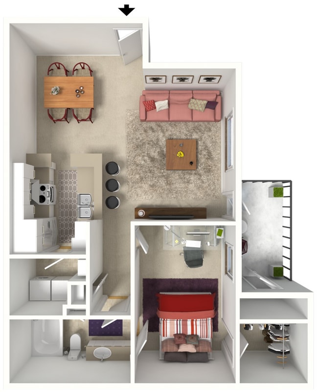 Beechwood - 1B1B - Spruce - 797 Sq Ft - 3D Furnished.jpg - Beechwood Pines