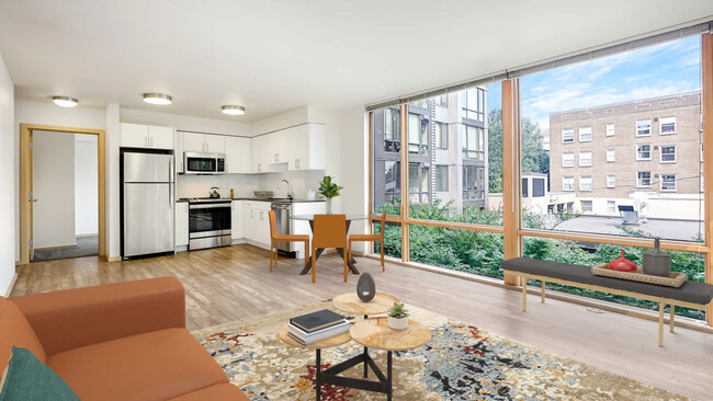 Kitchen and Living Room with Floor-to-Ceiling Windows - Chloe on Union