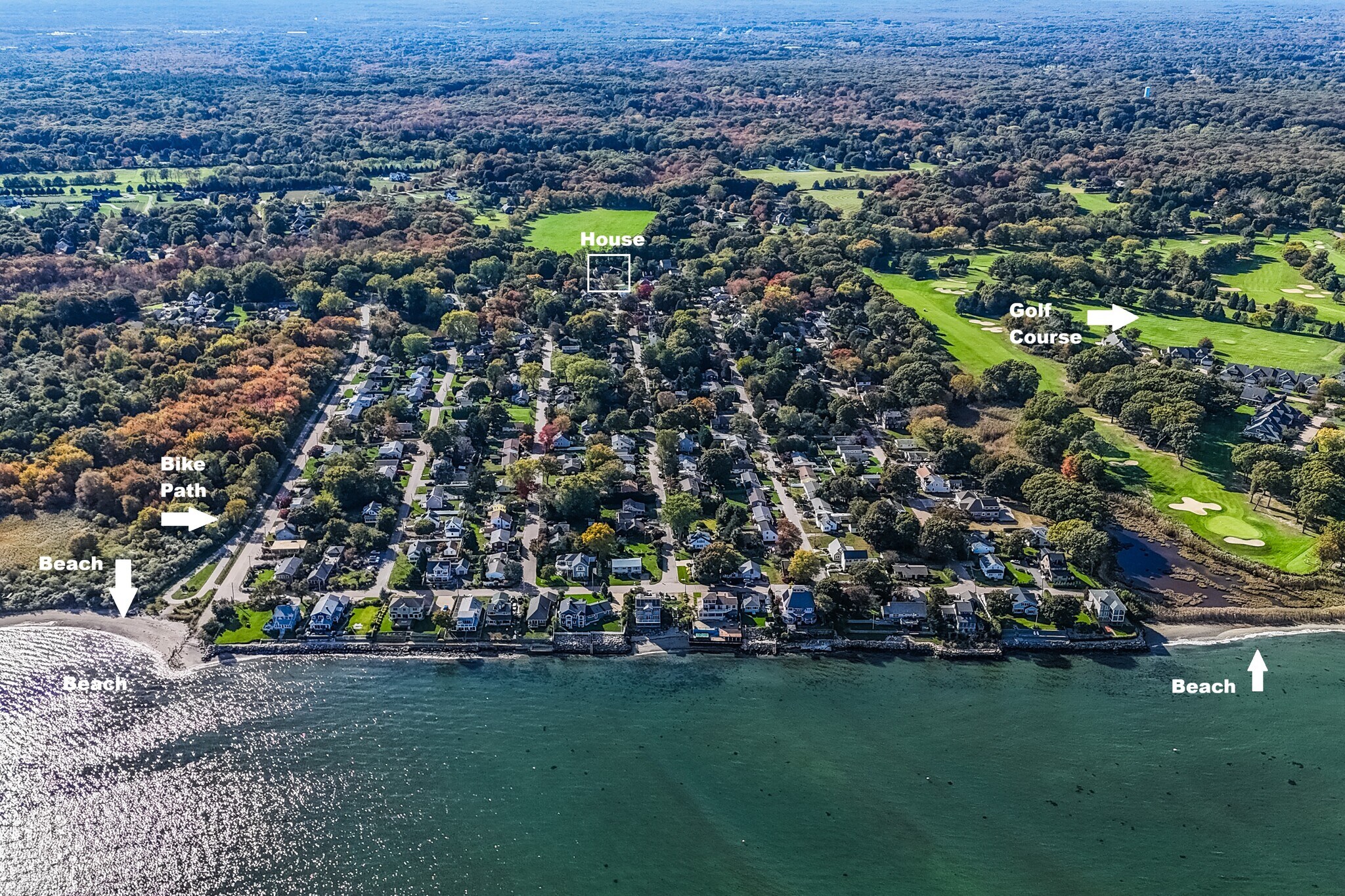 Aerial view of neighborhood with access to two private beaches and bike path - 278 Harrison St