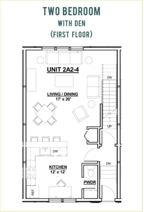 Two Bedroom with Den First/Lower Floor - Residences and Lofts at Perkins Park