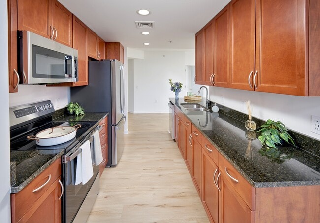 The expansive eat-in kitchen in the Copland floor plan showcases premium stainless steel appliances set against timeless granite surfaces. Updated fixtures and new wood-style vinyl plank flooring provide a fresh, high-end look to this generous 1,213-square-foot home. - Meridian at Grosvenor Station