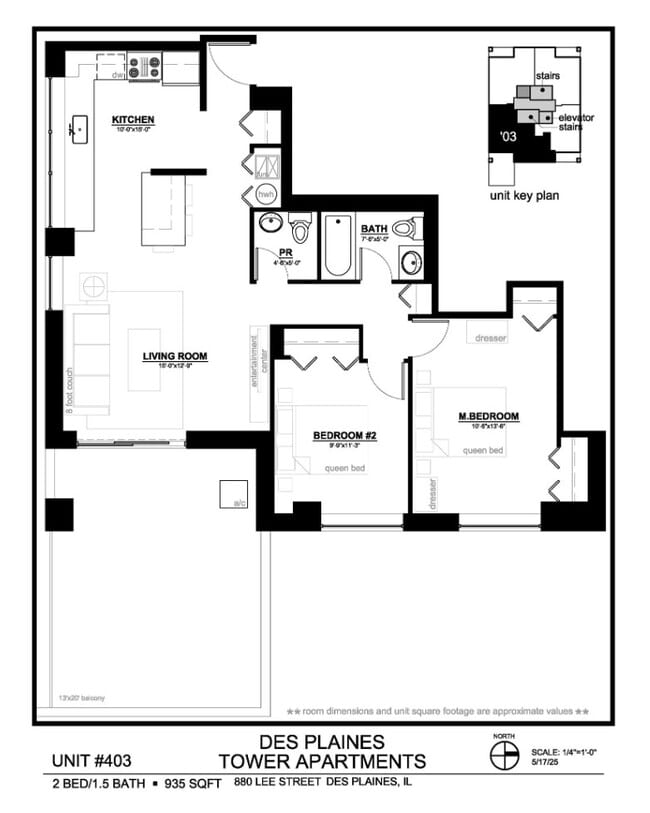 Unit 403 Floor Plan - 2BR, 1.5BA - Des Plaines Tower