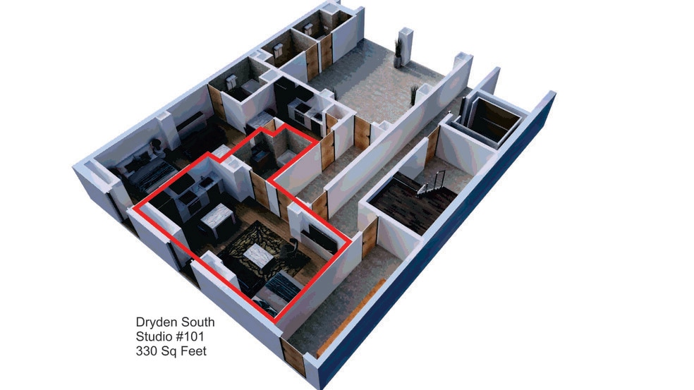 Studio 101 rendering - Cornell Housing | Furnished Suites