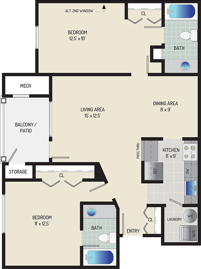 2 BR/ 2 BA (Style C1) | 910 sq. ft. - Seneca Club Apartments