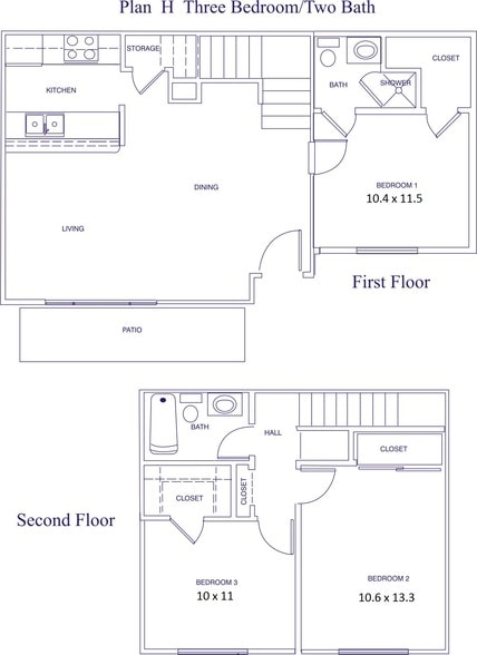 Plan H 3BR 1.5BA Townhome 1064SF - Bridgeport Apartment Homes