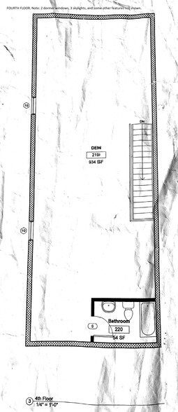 Fourth floor. I think this is mostly correct. Does not show 3 skylights, washer &amp; dryer. Missing 2 windows on rear wall, and "light column" under largest skylight. - 1122 South 46th Street