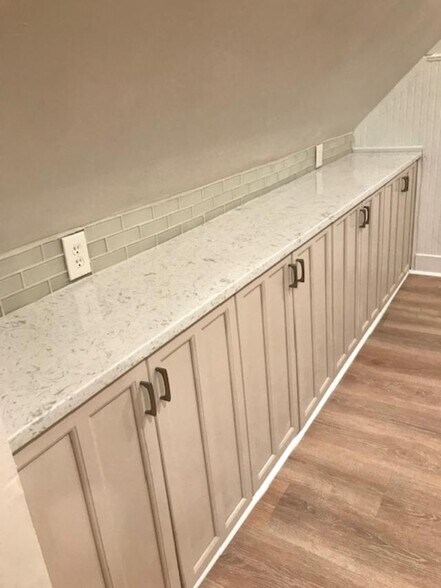 Quartz counters and glass backsplash, storage - 769 Delta Ave