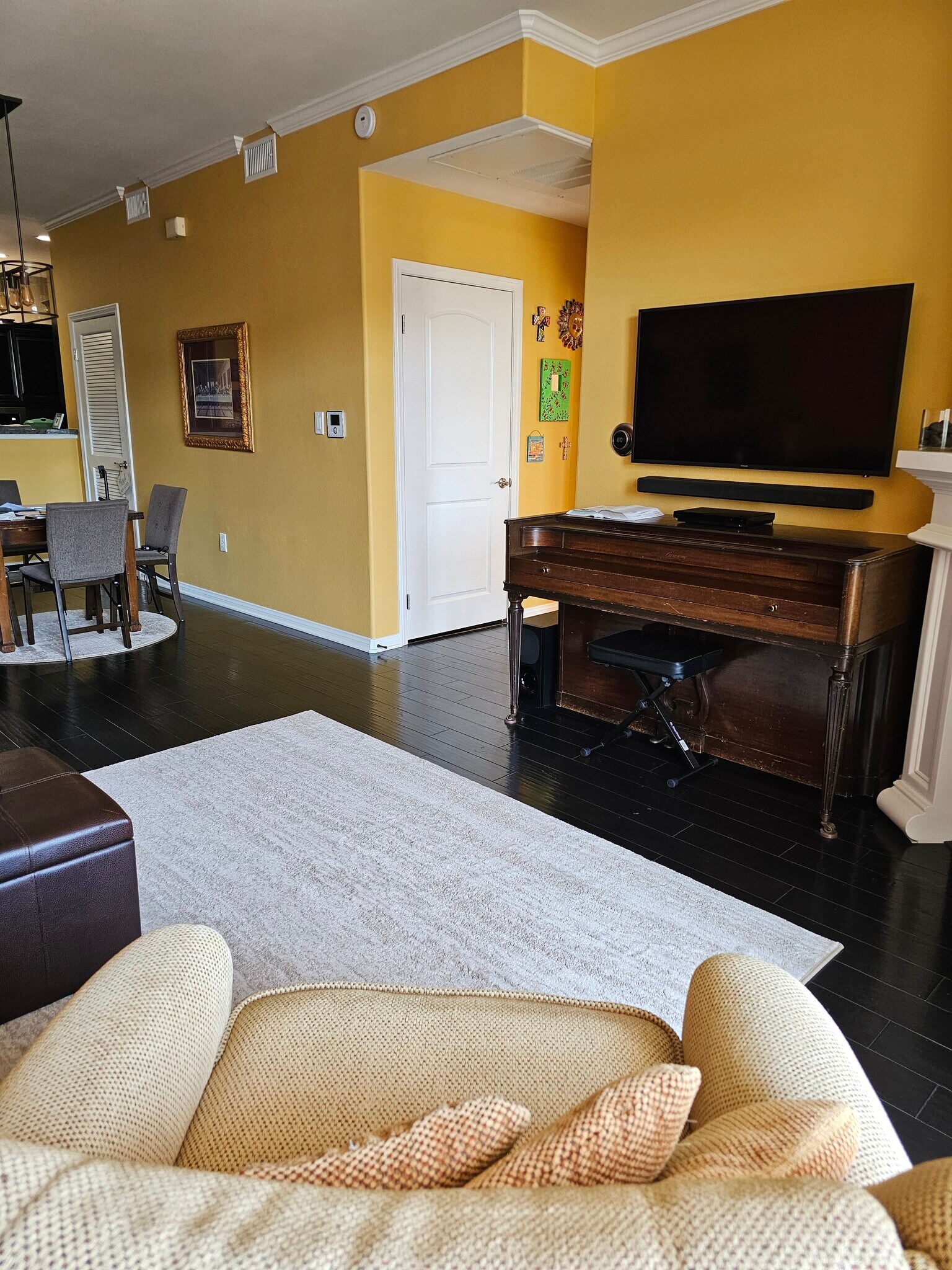 Living room with piano, fireplace & balcony - 3750 Santa Rosalia Dr