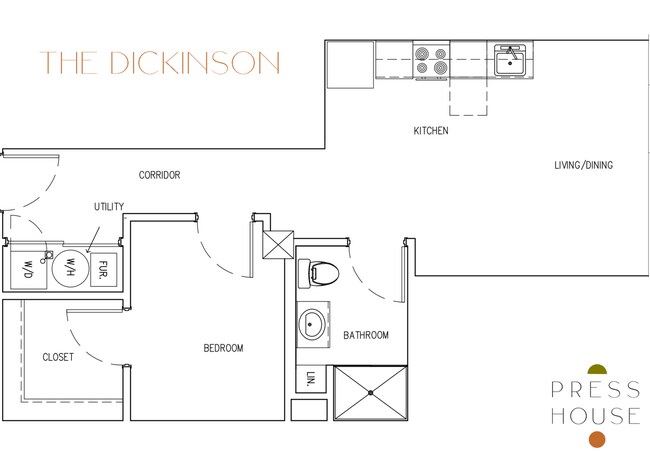Explore The Dickinson's thoughtfully designed floor plan, offering convenience and style. - Press House Apartments