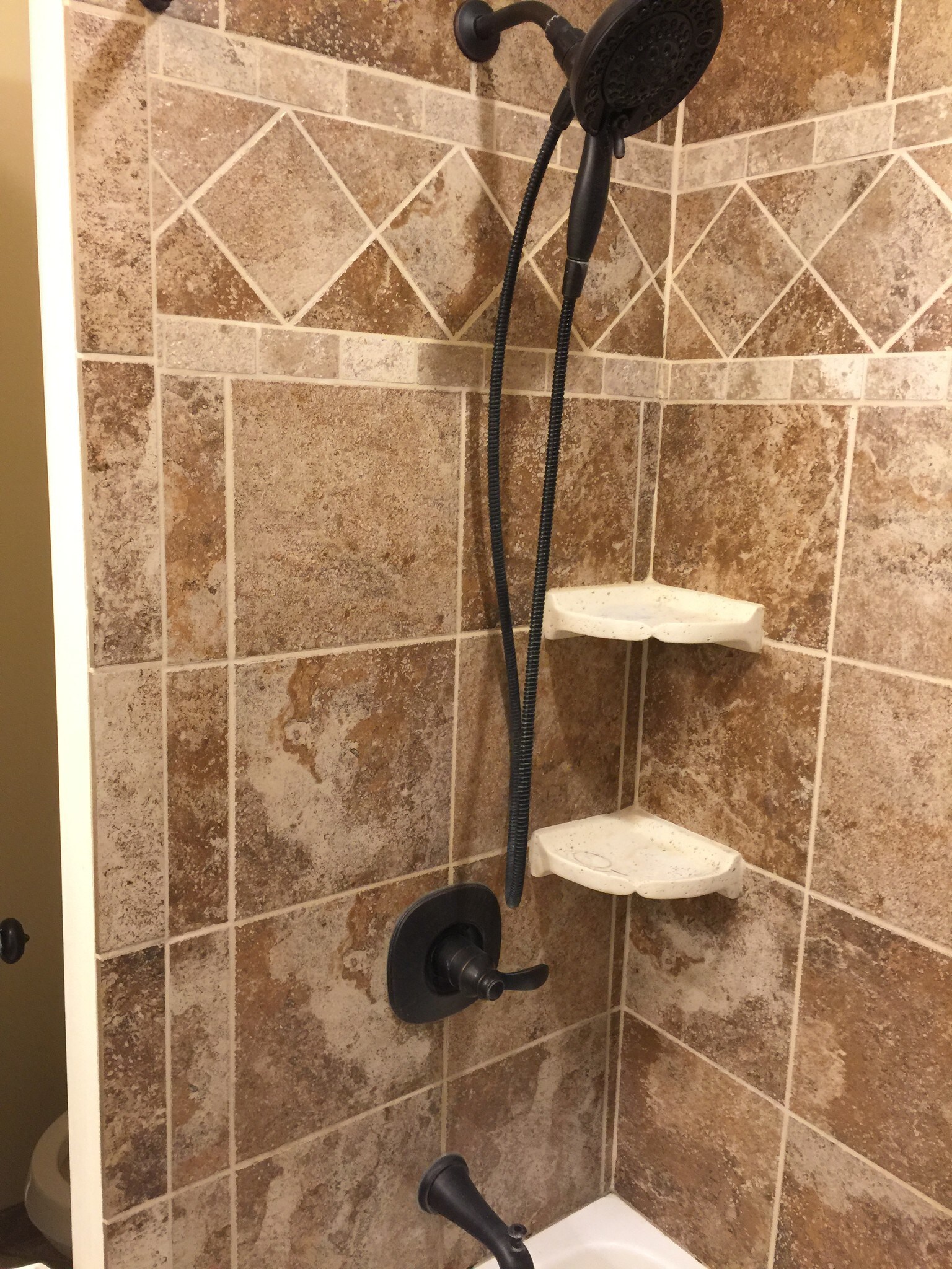 Bathroom shower head/shelves - 23 E 6th St