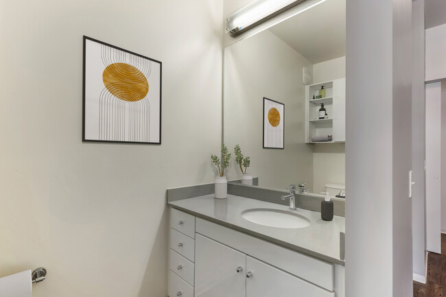 Renovated Package I bath with dark quartz countertops, white cabinetry, and hard surface flooring - AVA Somerville