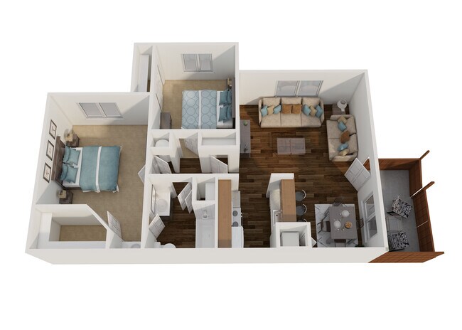 2 Bed, 1 Bath 3D Floor Plan - Pine Tree Apartments